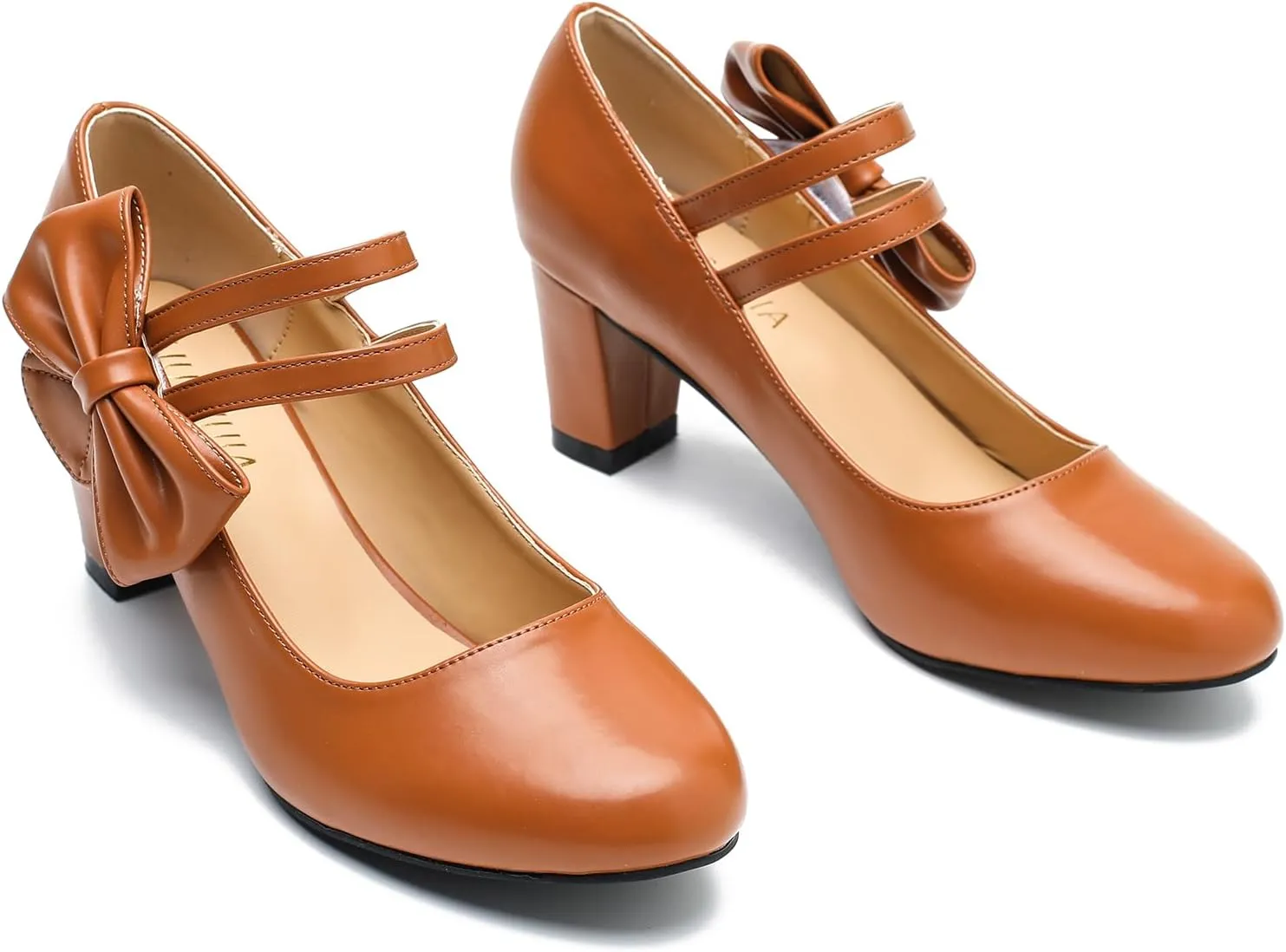 Women's Mary Jane Heels with Bow Low Heels Closed Chunky Block Double Ankle Strap Pumps Wedding Office Work Dress Shoes