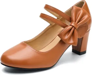 Women's Mary Jane Heels with Bow Low Heels Closed Chunky Block Double Ankle Strap Pumps Wedding Office Work Dress Shoes