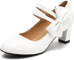Women's Mary Jane Heels with Bow Low Heels Closed Chunky Block Double Ankle Strap Pumps Wedding Office Work Dress Shoes