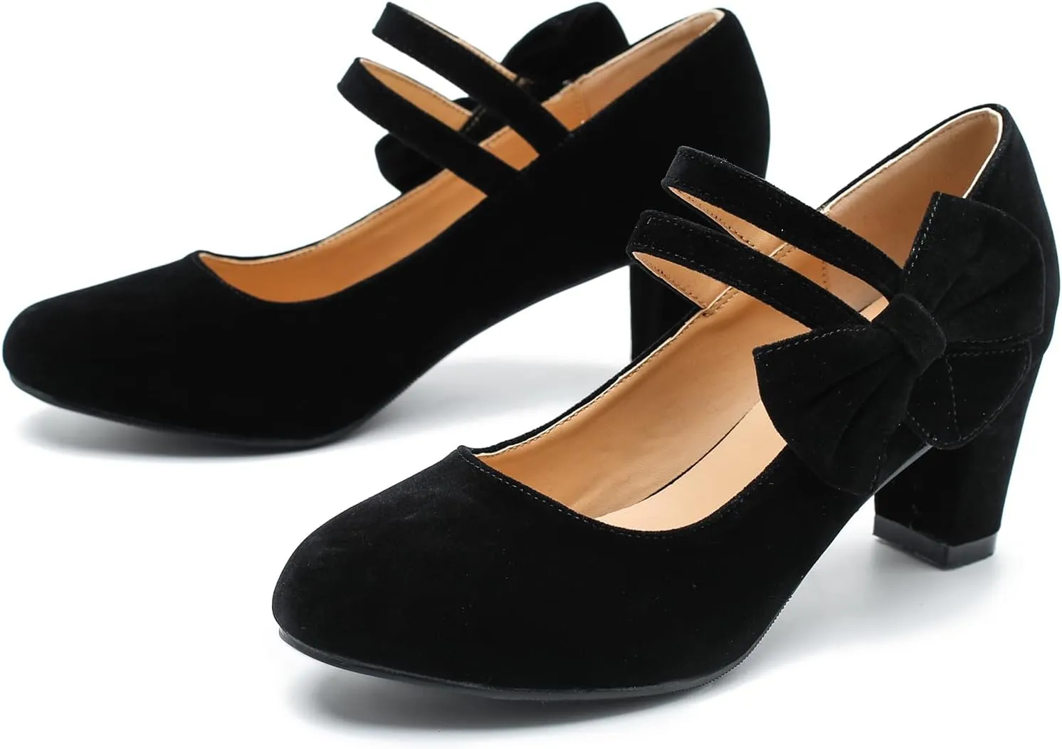 Women's Mary Jane Heels with Bow Low Heels Closed Chunky Block Double Ankle Strap Pumps Wedding Office Work Dress Shoes