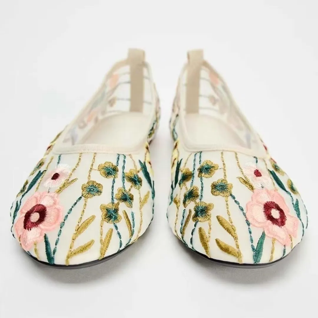 Women's Mesh Ballet Flats Shoes Embroidered Floral Flats Tulle Comfortable Casual Dress Shoes
