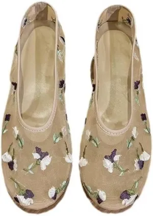 Women's Mesh Ballet Flats Shoes Embroidered Floral Flats Tulle Comfortable Casual Dress Shoes