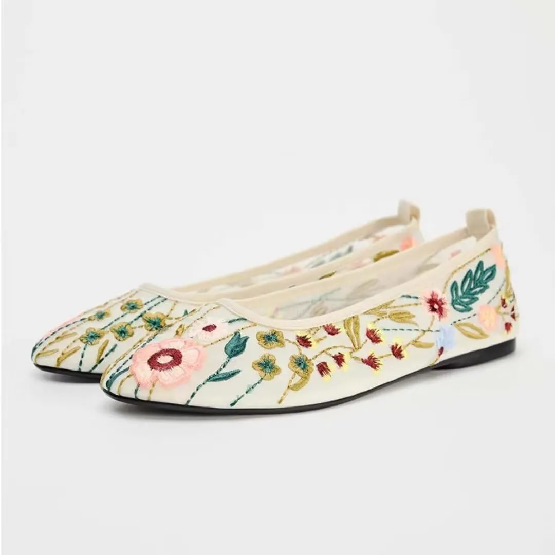 Women's Mesh Ballet Flats Shoes Embroidered Floral Flats Tulle Comfortable Casual Dress Shoes