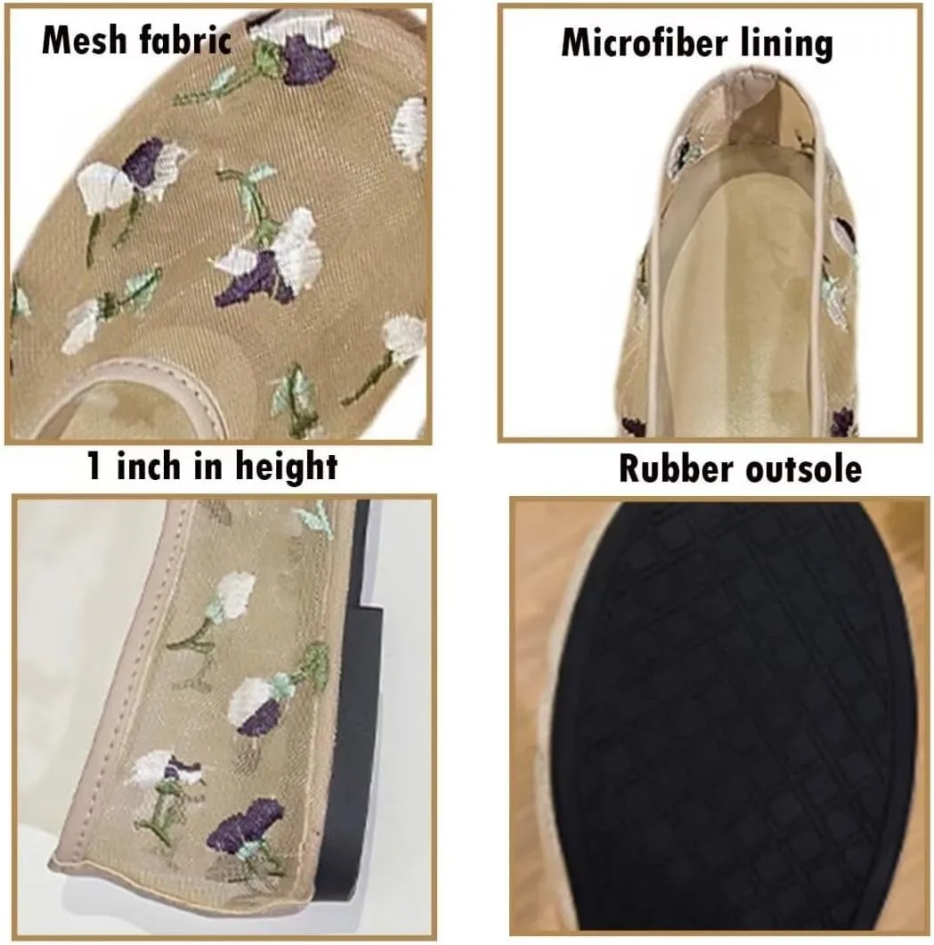 Women's Mesh Ballet Flats Shoes Embroidered Floral Flats Tulle Comfortable Casual Dress Shoes