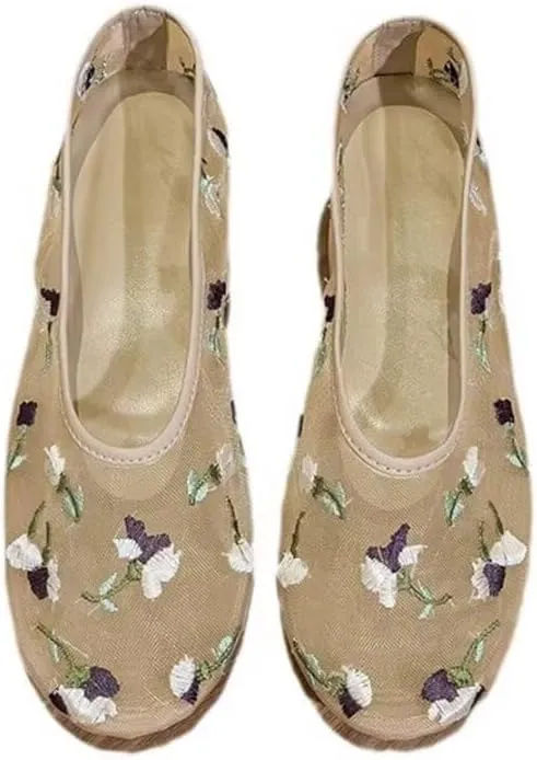Women's Mesh Ballet Flats Shoes Embroidered Floral Flats Tulle Comfortable Casual Dress Shoes