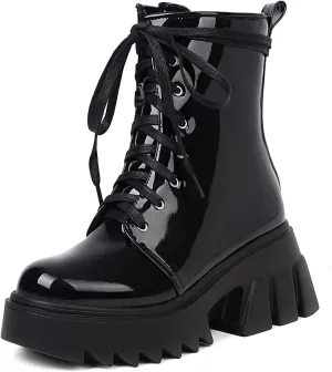 Women's Platform Combat Booties Lace Up Motorcycle Boots Chunky Block High Heel Ankle Boots Punk Goth Lug Sole Boots Round Toe Shoes