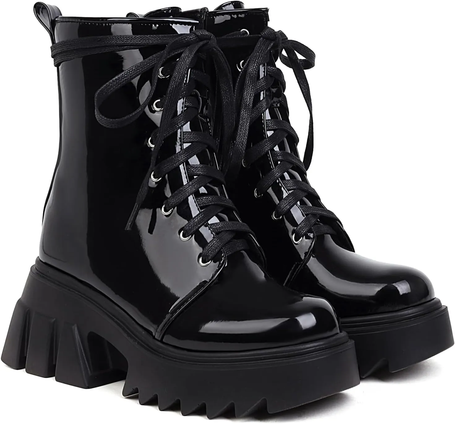 Women's Platform Combat Booties Lace Up Motorcycle Boots Chunky Block High Heel Ankle Boots Punk Goth Lug Sole Boots Round Toe Shoes