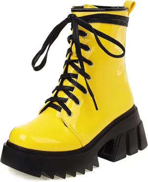 Women's Platform Combat Booties Lace Up Motorcycle Boots Chunky Block High Heel Ankle Boots Punk Goth Lug Sole Boots Round Toe Shoes