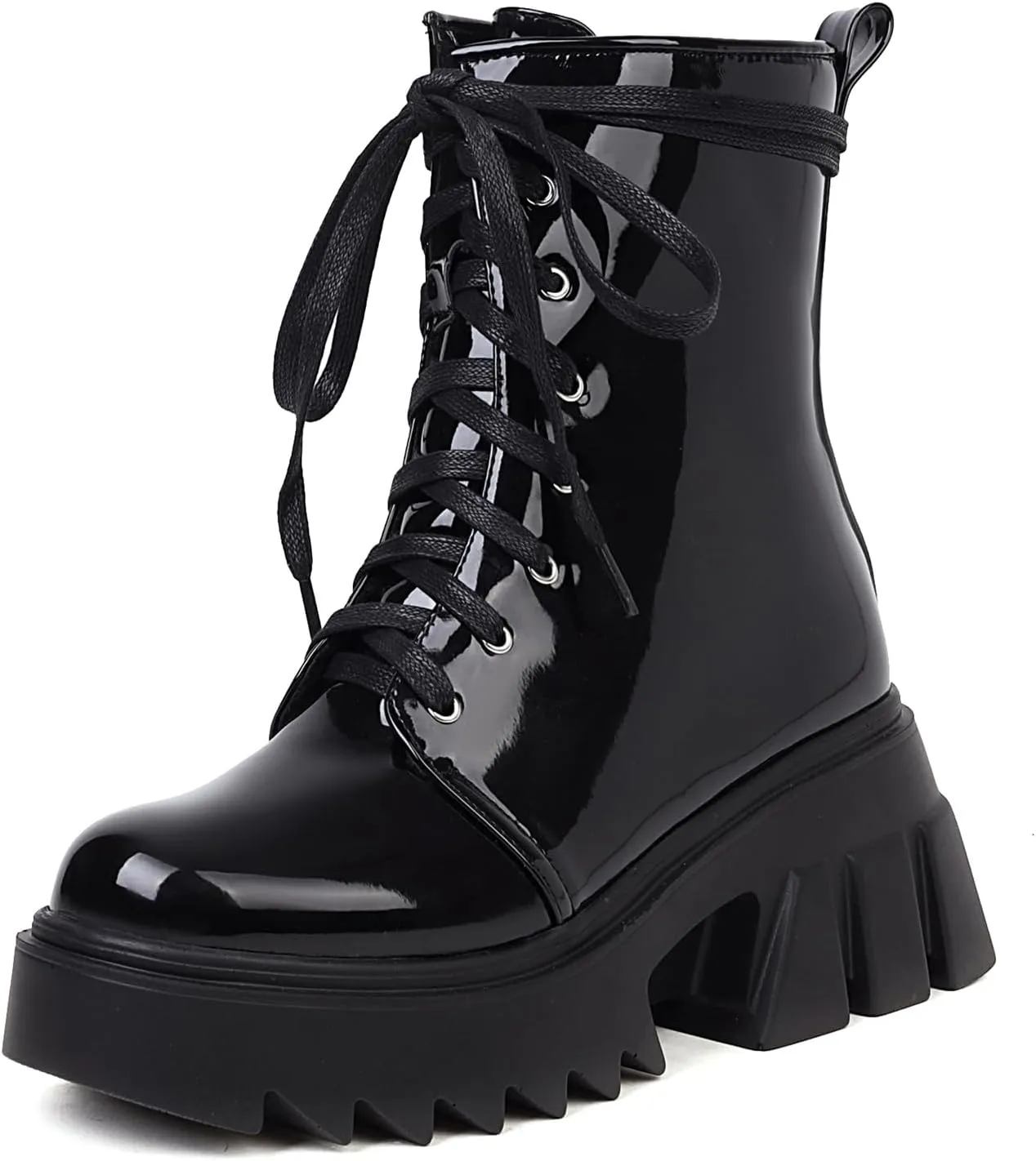 Women's Platform Combat Booties Lace Up Motorcycle Boots Chunky Block High Heel Ankle Boots Punk Goth Lug Sole Boots Round Toe Shoes
