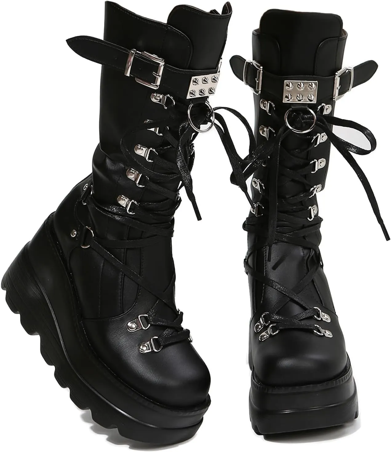 Womens Platform Knee High Boots Chunky Heel Zipper Round Toe Fashion Motorcycle Punk Goth Boots Mid Calf Combat Boots