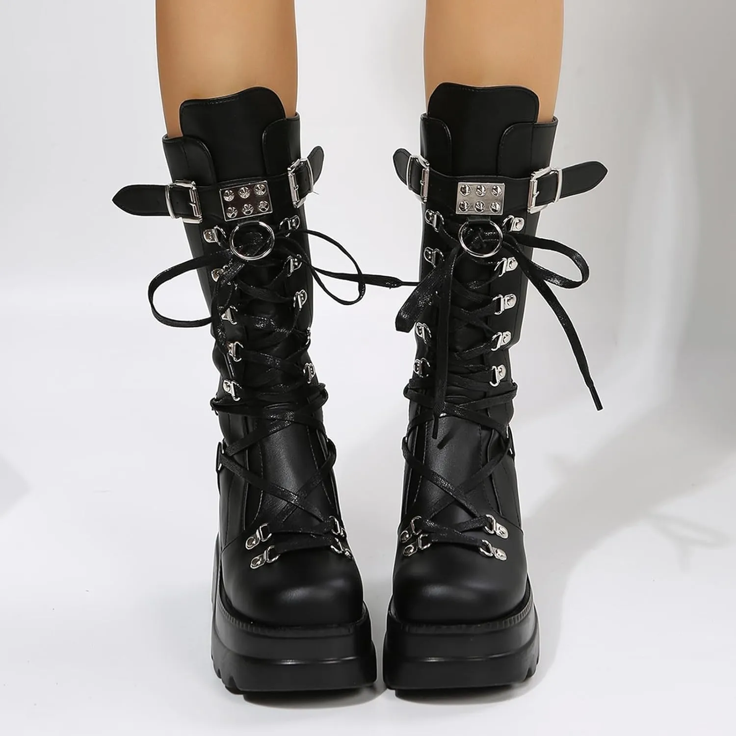 Womens Platform Knee High Boots Chunky Heel Zipper Round Toe Fashion Motorcycle Punk Goth Boots Mid Calf Combat Boots
