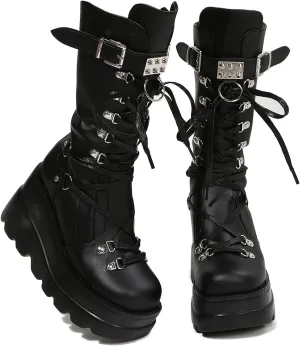Womens Platform Knee High Boots Chunky Heel Zipper Round Toe Fashion Motorcycle Punk Goth Boots Mid Calf Combat Boots