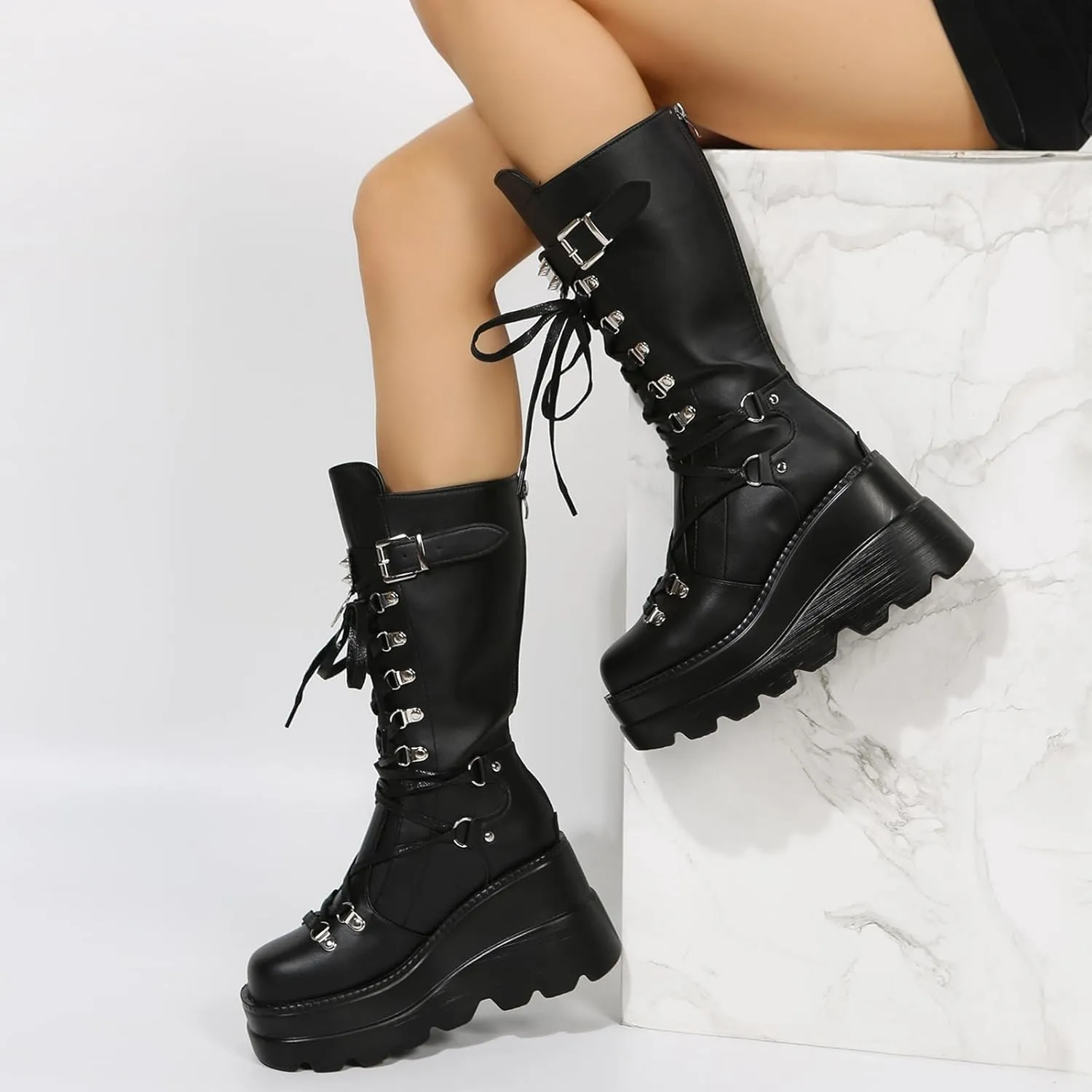 Womens Platform Knee High Boots Chunky Heel Zipper Round Toe Fashion Motorcycle Punk Goth Boots Mid Calf Combat Boots