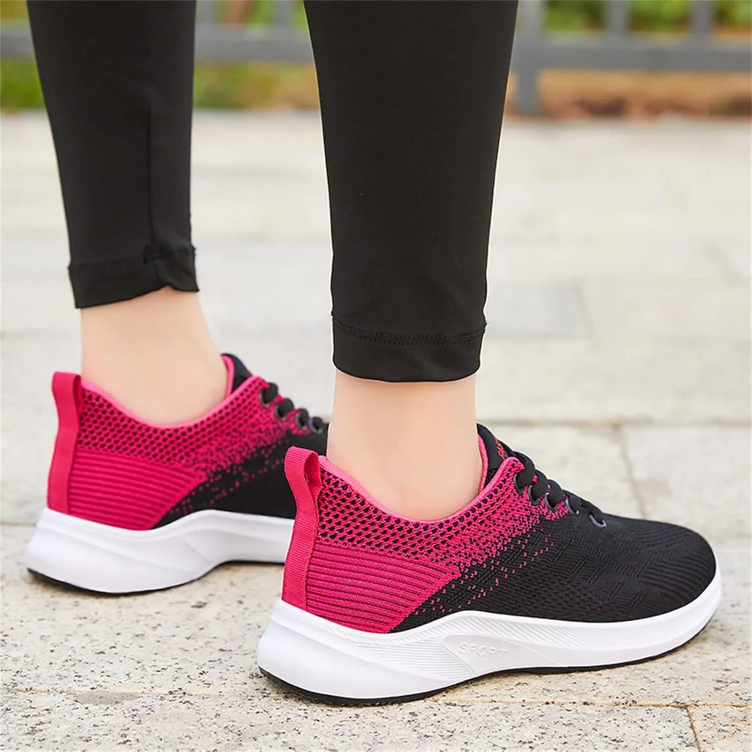 Womens Running Shoes Knit Breathable Fashion Sneakers Lace Up Platform Walking Casual Trainers Comfortable Sneaker Non-Slip Colorblock Fitness Shoes for Flat Feet