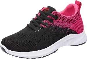 Womens Running Shoes Knit Breathable Fashion Sneakers Lace Up Platform Walking Casual Trainers Comfortable Sneaker Non-Slip Colorblock Fitness Shoes for Flat Feet