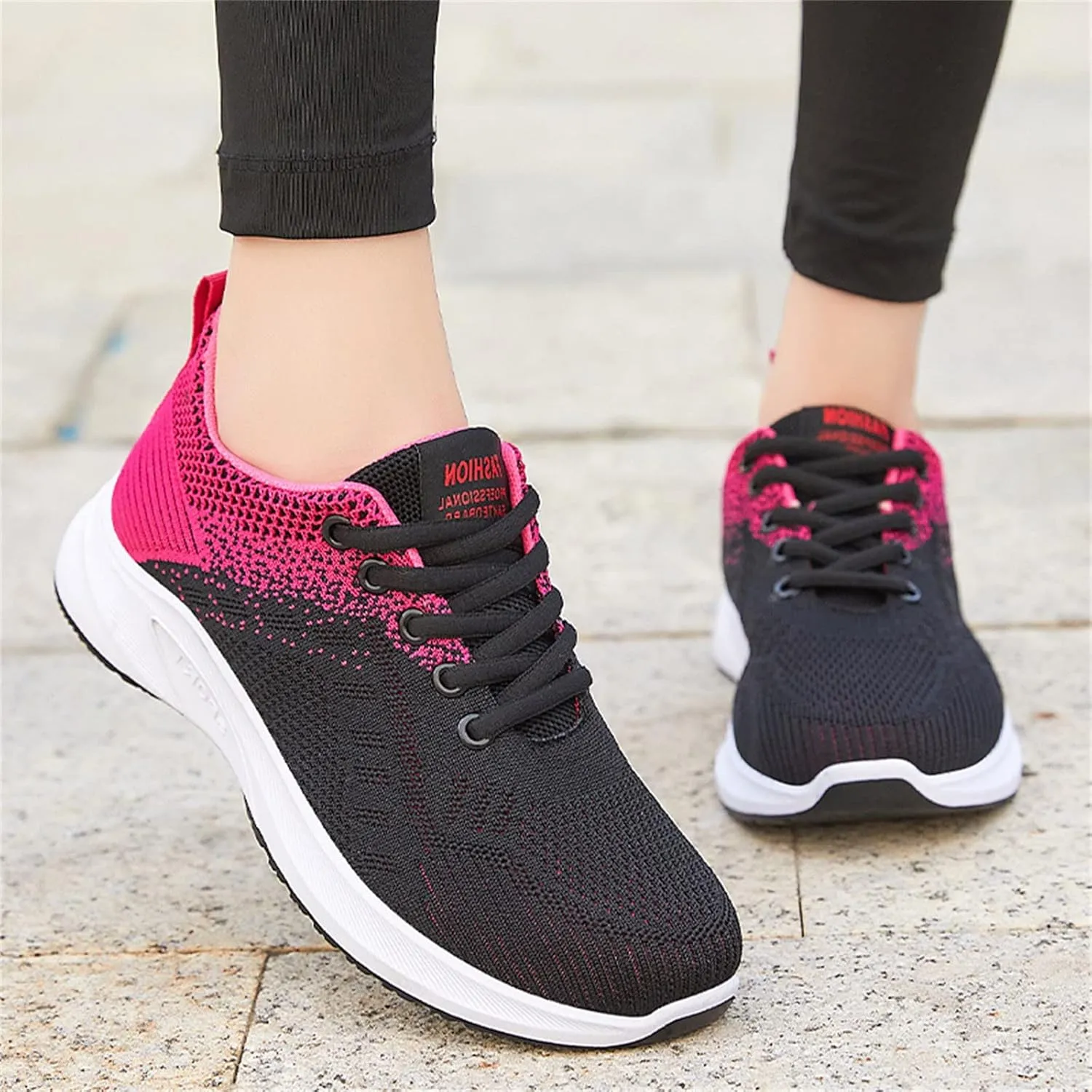 Womens Running Shoes Knit Breathable Fashion Sneakers Lace Up Platform Walking Casual Trainers Comfortable Sneaker Non-Slip Colorblock Fitness Shoes for Flat Feet