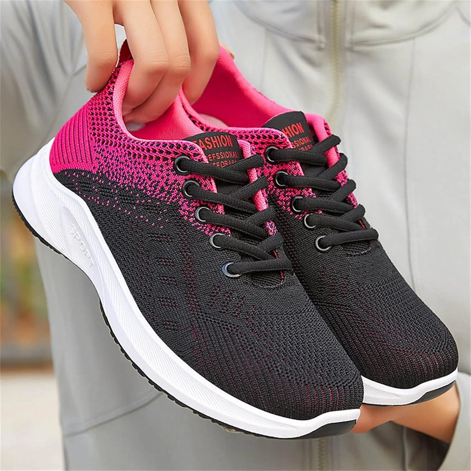 Womens Running Shoes Knit Breathable Fashion Sneakers Lace Up Platform Walking Casual Trainers Comfortable Sneaker Non-Slip Colorblock Fitness Shoes for Flat Feet