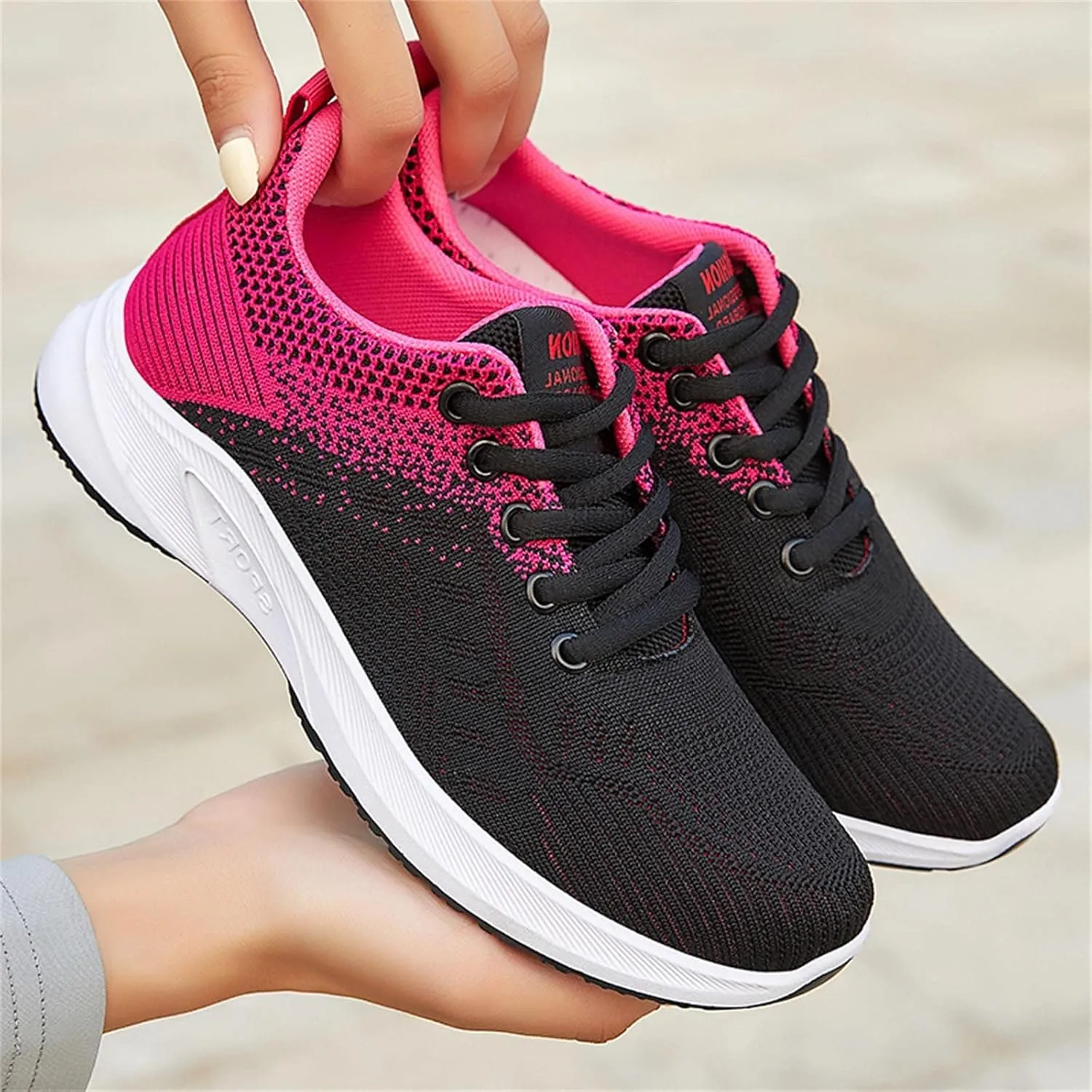 Womens Running Shoes Knit Breathable Fashion Sneakers Lace Up Platform Walking Casual Trainers Comfortable Sneaker Non-Slip Colorblock Fitness Shoes for Flat Feet