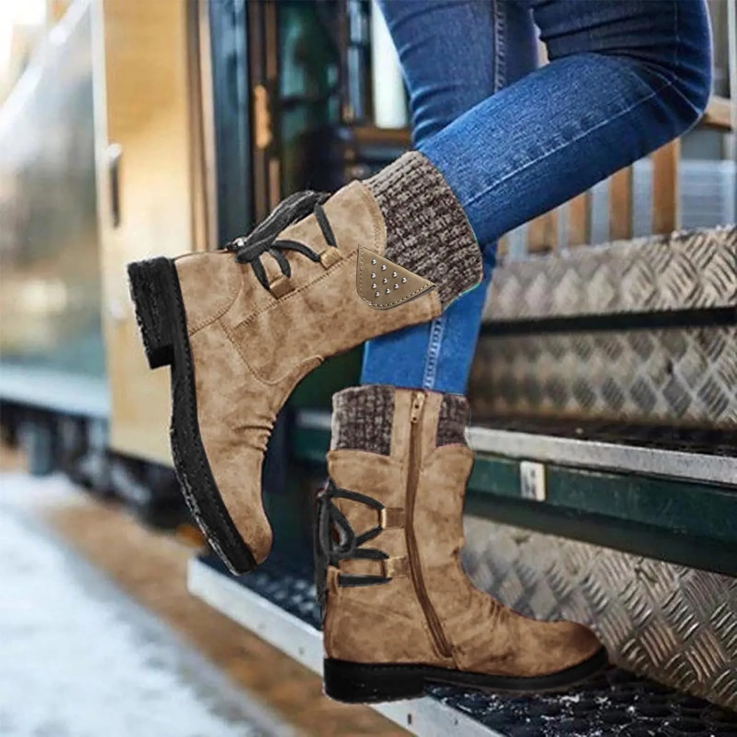 Women's Snow Boots Chunky Platform Boots for Women, Square Toe Shoes Lace up Zip High Heel Booties Combat Mid Calf Boots