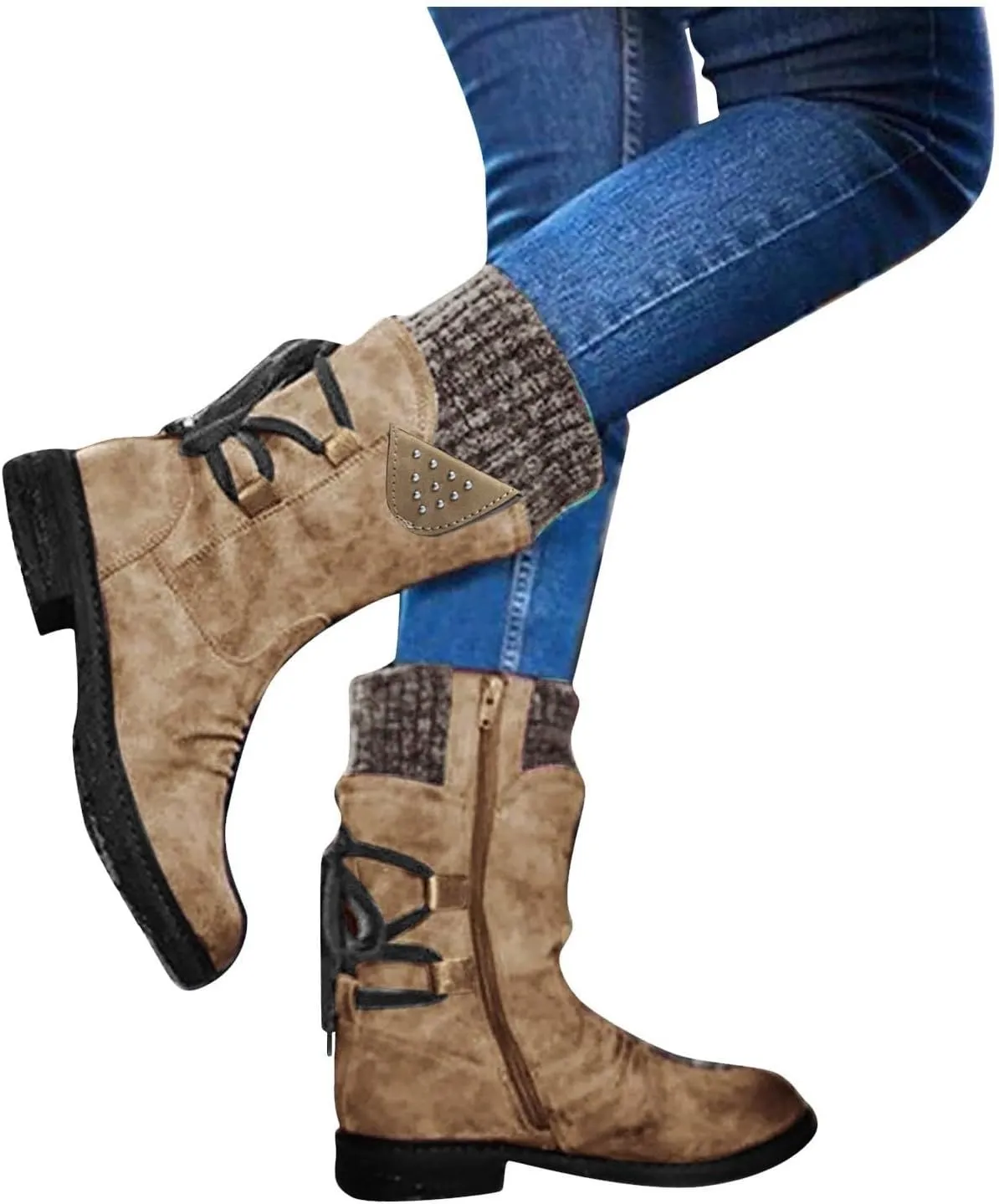 Women's Snow Boots Chunky Platform Boots for Women, Square Toe Shoes Lace up Zip High Heel Booties Combat Mid Calf Boots