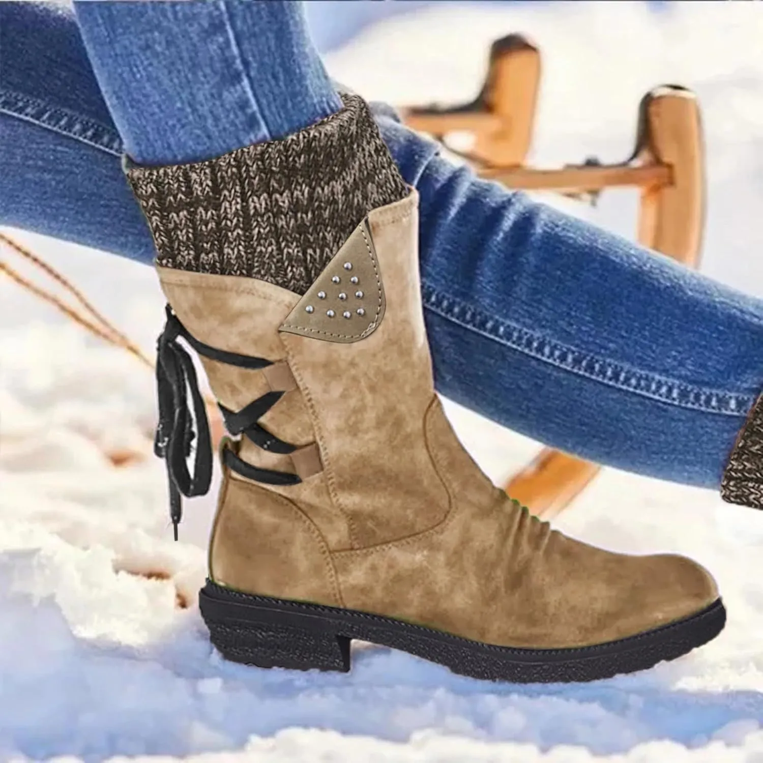 Women's Snow Boots Chunky Platform Boots for Women, Square Toe Shoes Lace up Zip High Heel Booties Combat Mid Calf Boots