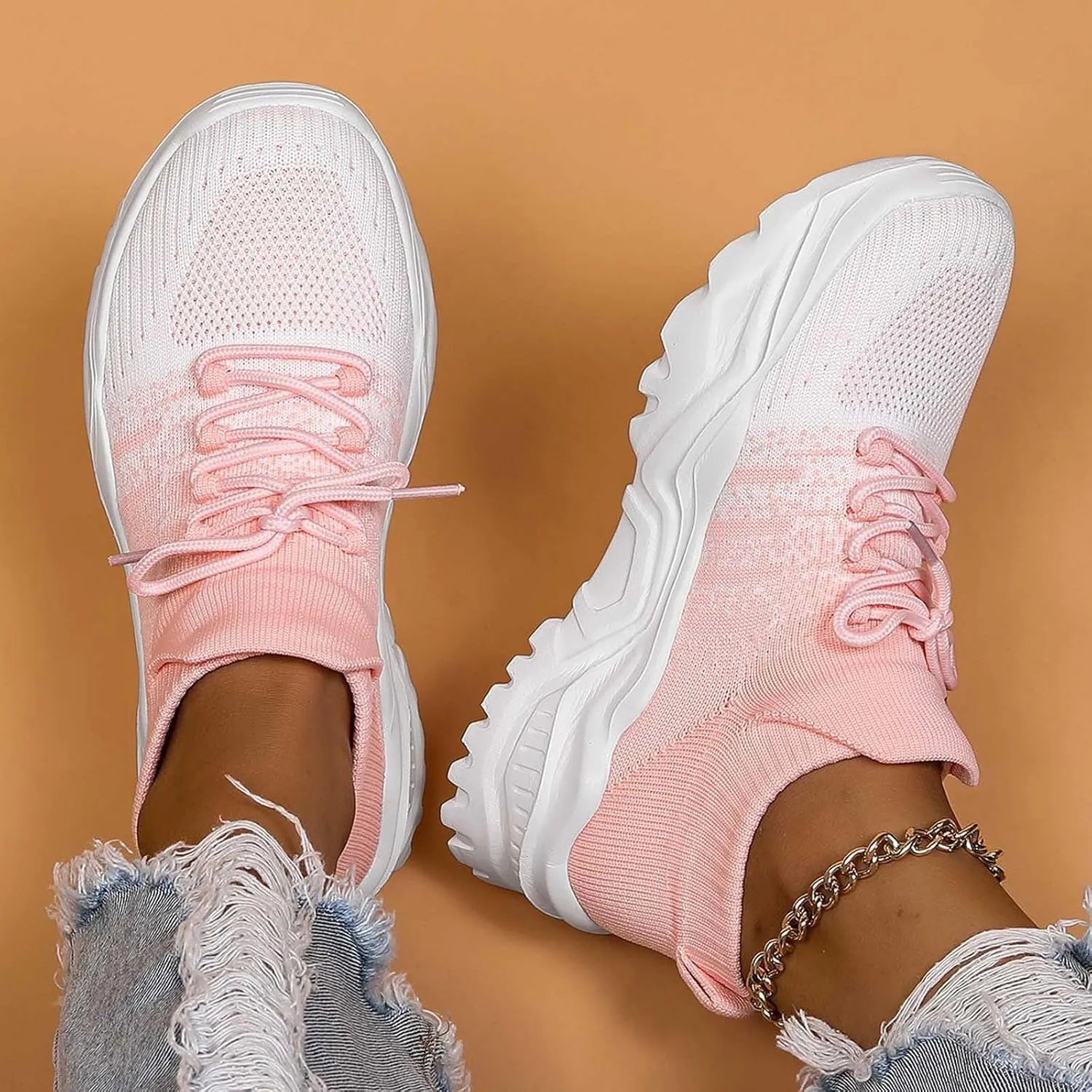 Women's Solid Color Fashion Four Season Lace Up Sneakers Solid Color Flying Woven Running Shoes Womens Rave Shoes