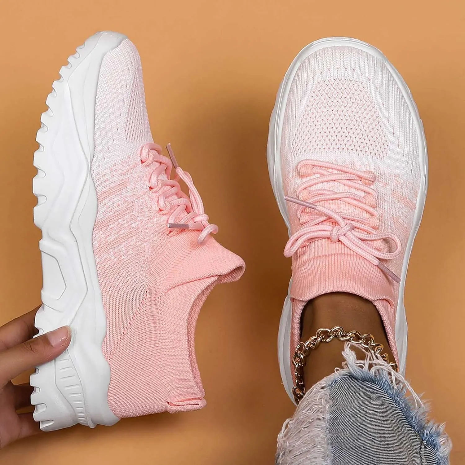Women's Solid Color Fashion Four Season Lace Up Sneakers Solid Color Flying Woven Running Shoes Womens Rave Shoes