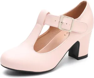 Women's T-Strap Mary Jane Pumps Low Block Chunky Heels Closed Round Toe Dress Wedding Office Work Shoes
