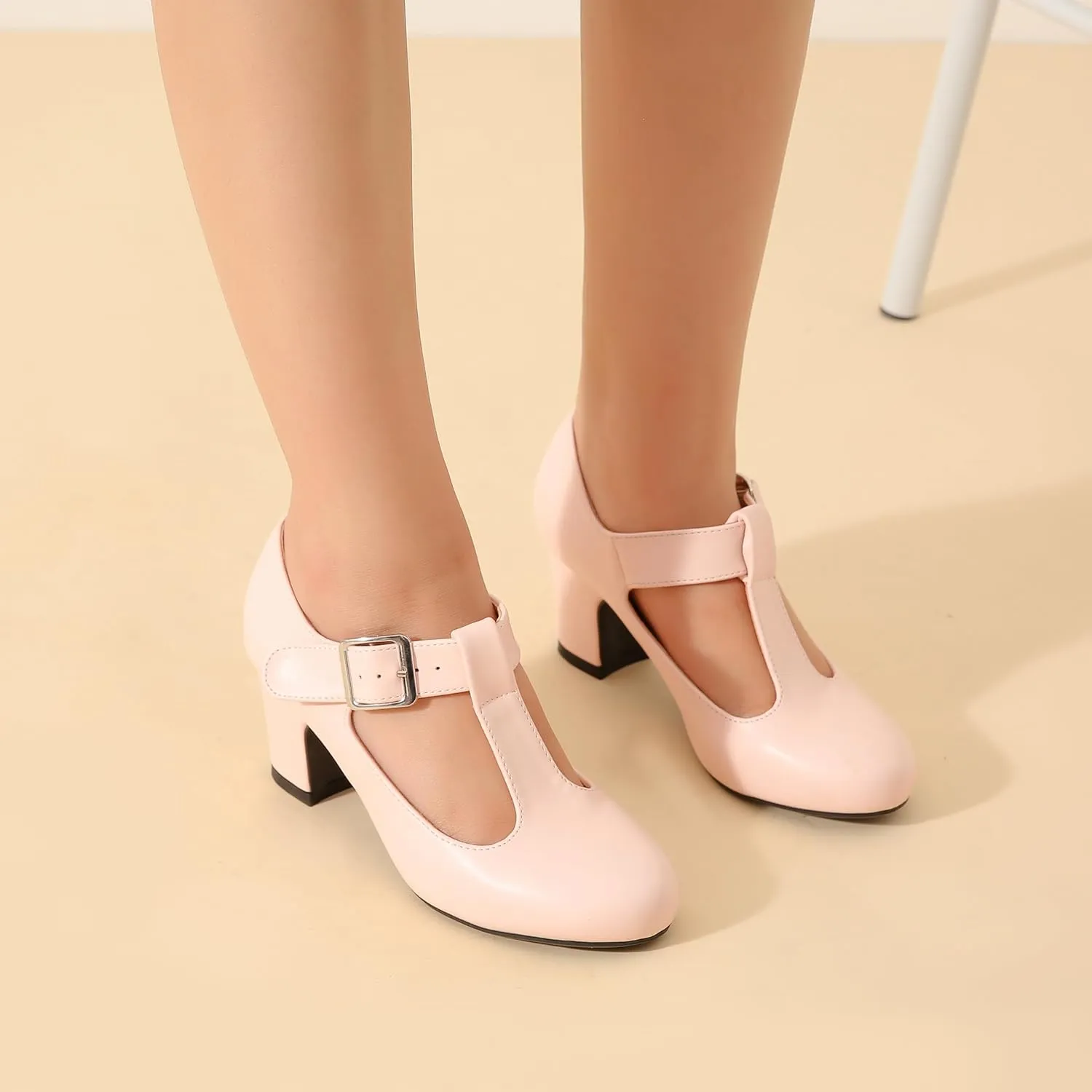 Women's T-Strap Mary Jane Pumps Low Block Chunky Heels Closed Round Toe Dress Wedding Office Work Shoes