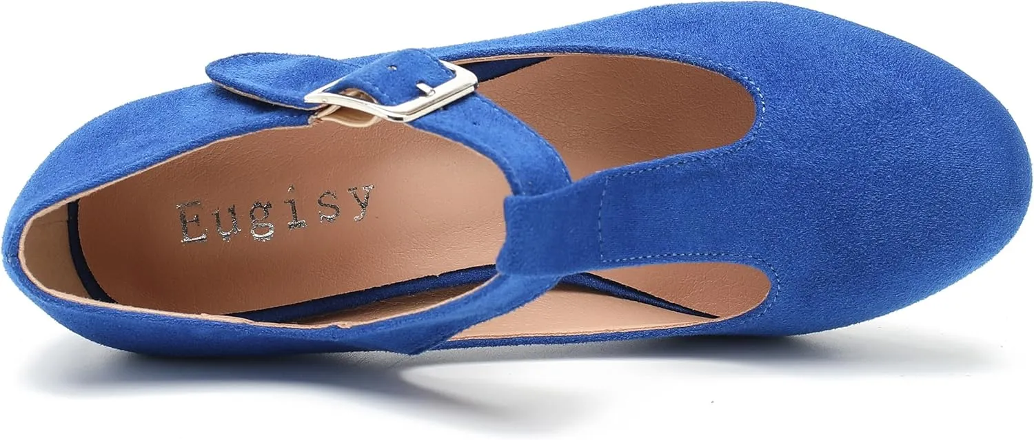 Women's T-Strap Mary Jane Pumps Low Block Chunky Heels Closed Round Toe Dress Wedding Office Work Shoes