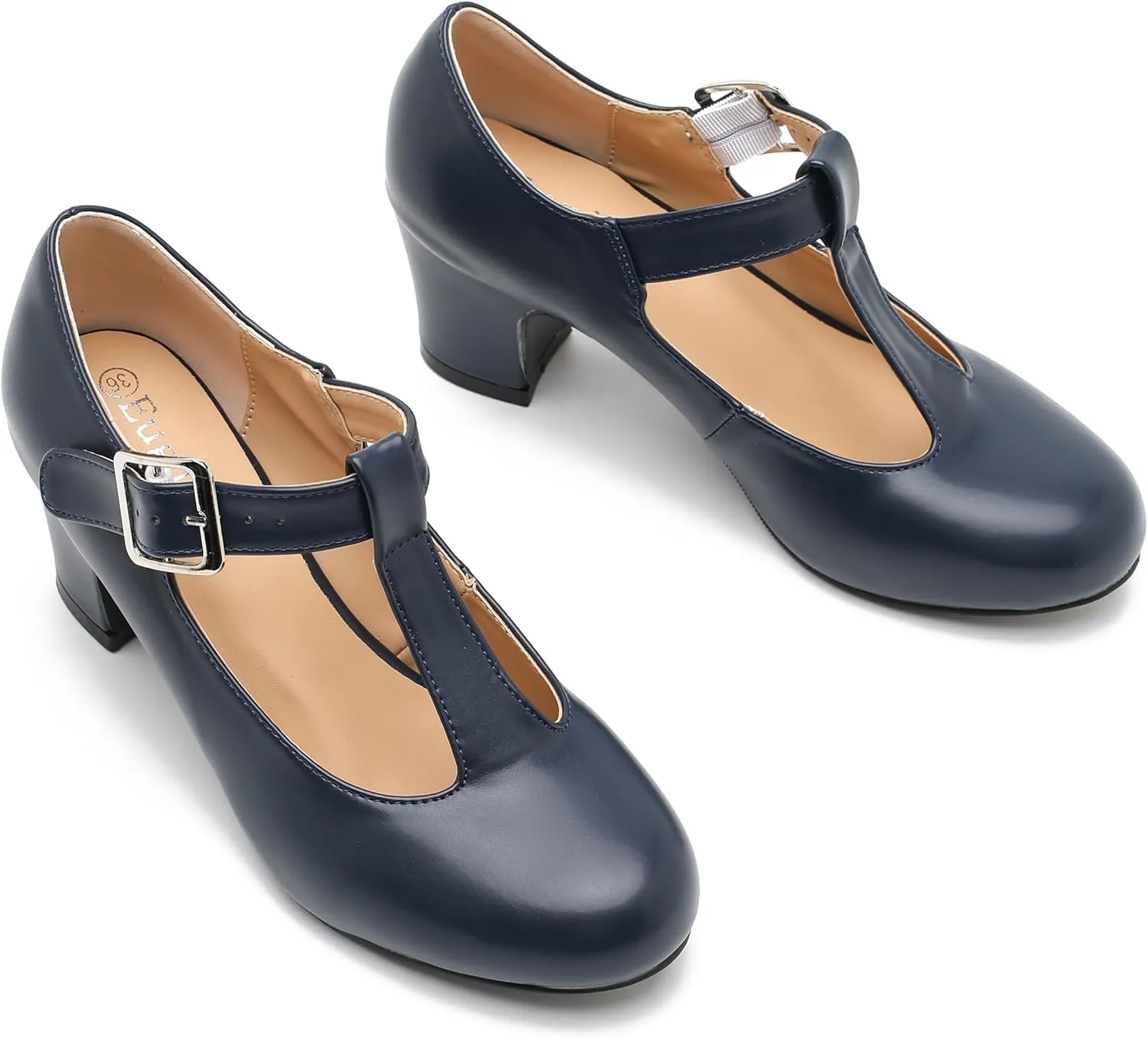 Women's T-Strap Mary Jane Pumps Round Closed Toe Comfortable Low Chunky Block Heel Wedding Dress Evening Party Shoes
