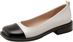Women's Two Tone Flats Slip On Loafers Vintage Square Toe Leather Low Heel Girls Dress Oxford Shoes