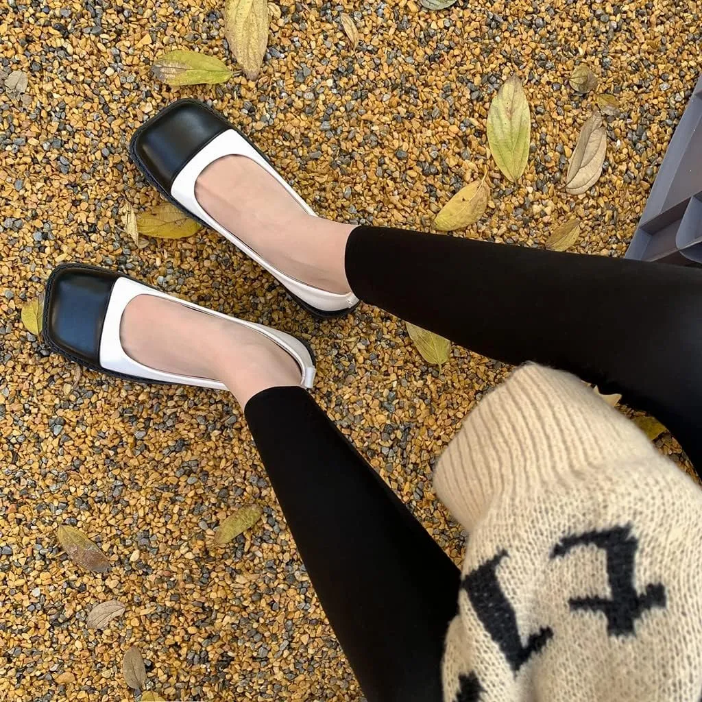 Women's Two Tone Flats Slip On Loafers Vintage Square Toe Leather Low Heel Girls Dress Oxford Shoes