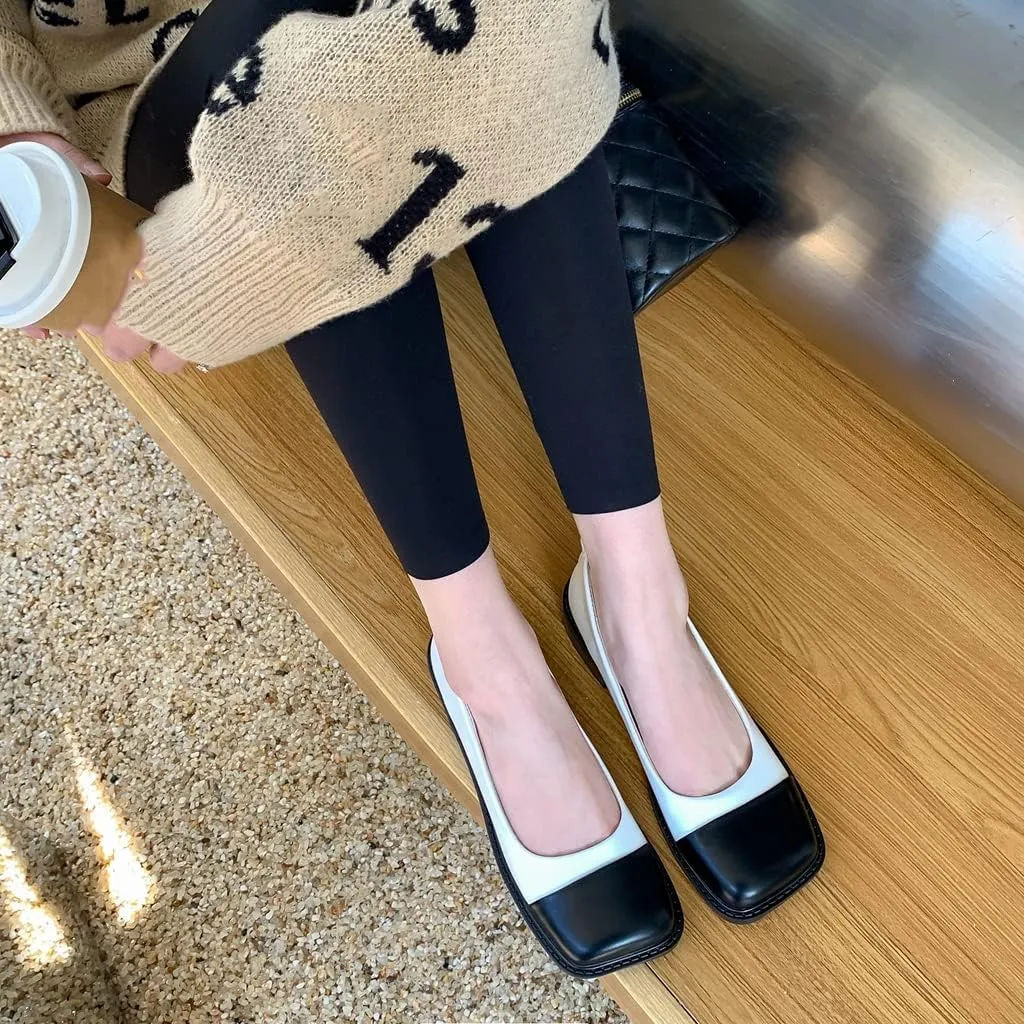 Women's Two Tone Flats Slip On Loafers Vintage Square Toe Leather Low Heel Girls Dress Oxford Shoes