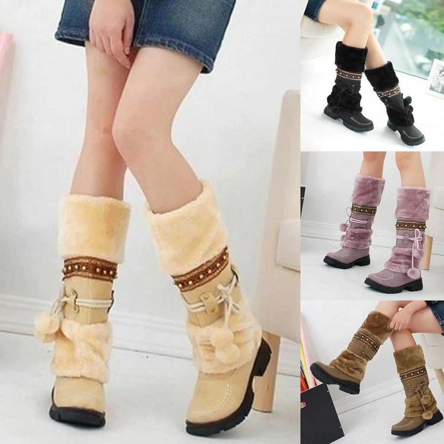 Womens winter snow boots Short Mid Calf fashion boot Faux Fur Plush Suede Pompom Lace-up Zipper Cute Comfy Booties