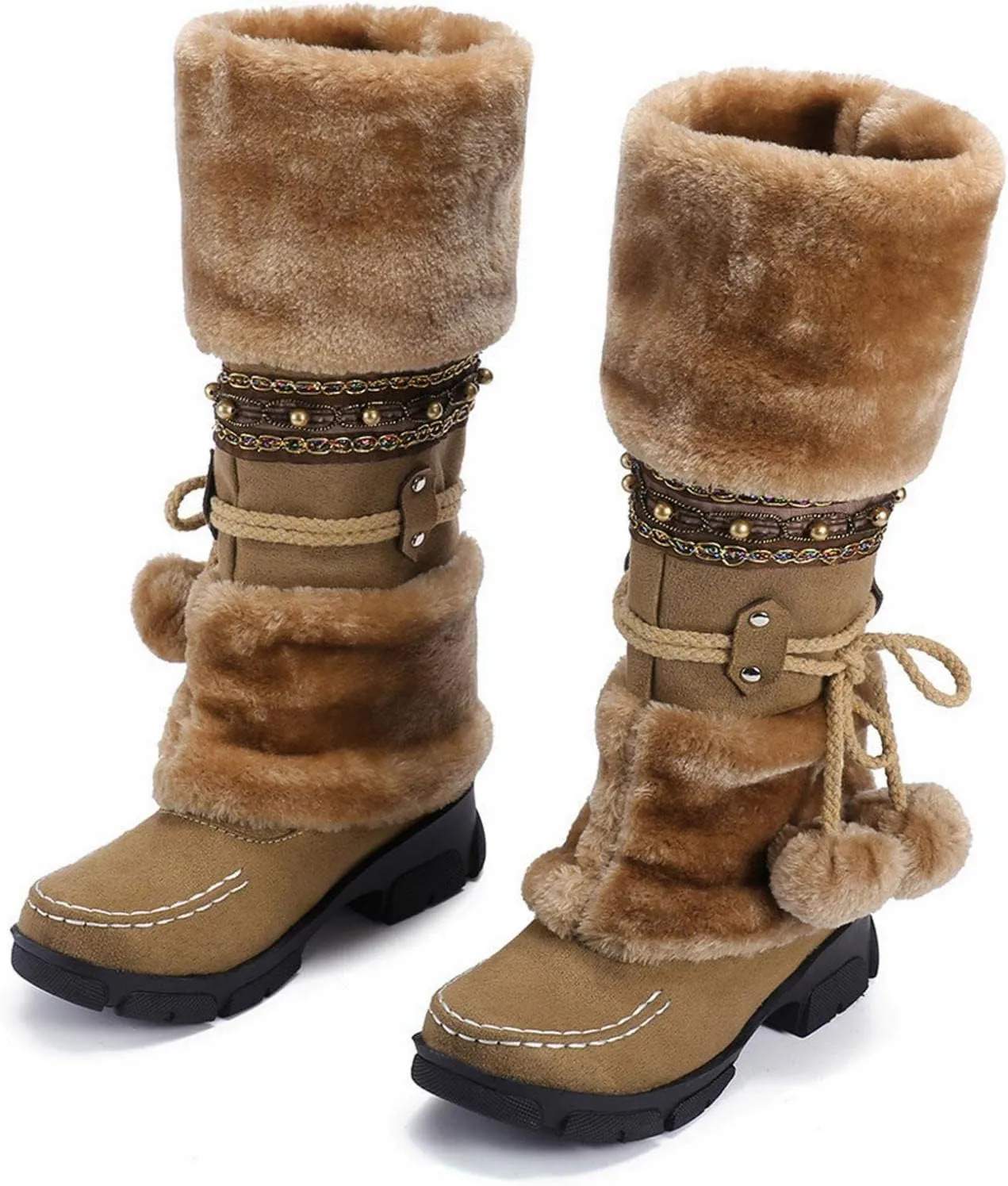 Womens winter snow boots Short Mid Calf fashion boot Faux Fur Plush Suede Pompom Lace-up Zipper Cute Comfy Booties
