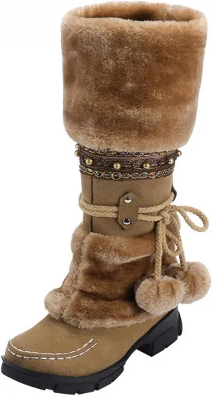 Womens winter snow boots Short Mid Calf fashion boot Faux Fur Plush Suede Pompom Lace-up Zipper Cute Comfy Booties