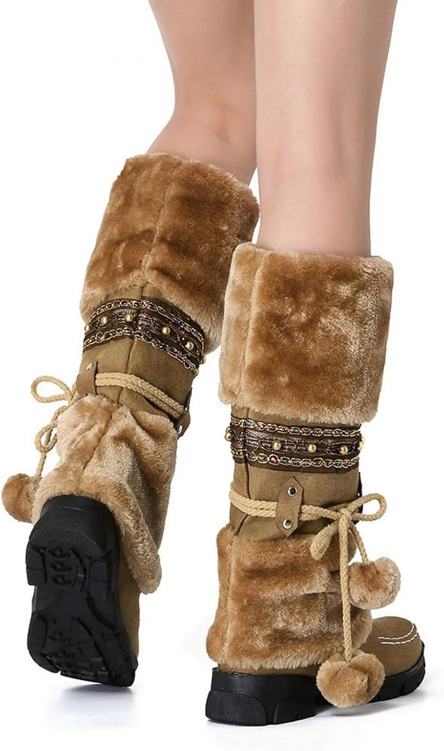 Womens winter snow boots Short Mid Calf fashion boot Faux Fur Plush Suede Pompom Lace-up Zipper Cute Comfy Booties