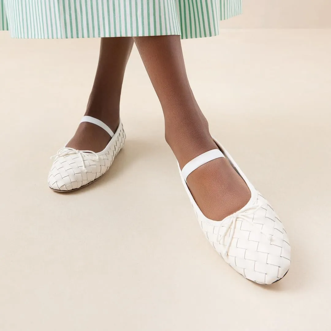 Womens Woven Ballet Flats with Bow Round Toe Slip on Mary Jane Flats Ladies Fashion Elastic Strap Ballerina Shoes