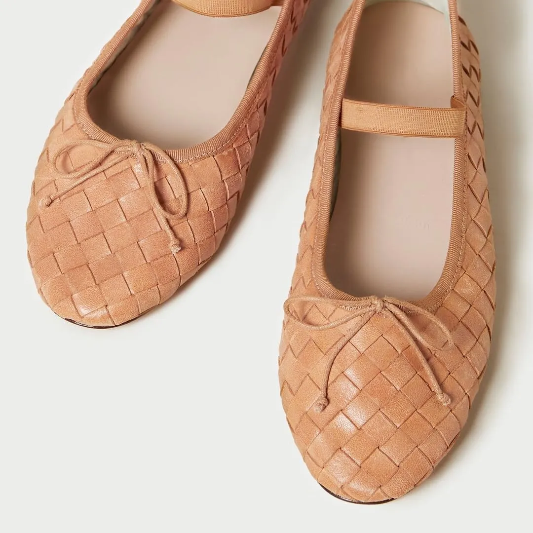 Womens Woven Ballet Flats with Bow Round Toe Slip on Mary Jane Flats Ladies Fashion Elastic Strap Ballerina Shoes