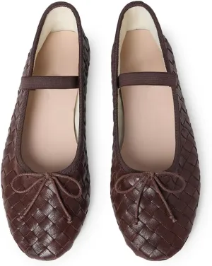 Womens Woven Ballet Flats with Bow Round Toe Slip on Mary Jane Flats Ladies Fashion Elastic Strap Ballerina Shoes