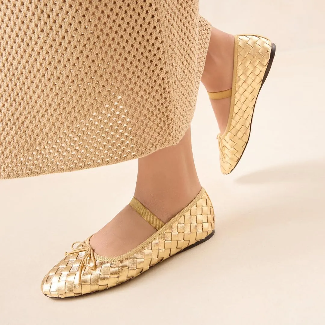 Womens Woven Ballet Flats with Bow Round Toe Slip on Mary Jane Flats Ladies Fashion Elastic Strap Ballerina Shoes