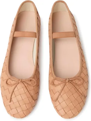 Womens Woven Ballet Flats with Bow Round Toe Slip on Mary Jane Flats Ladies Fashion Elastic Strap Ballerina Shoes