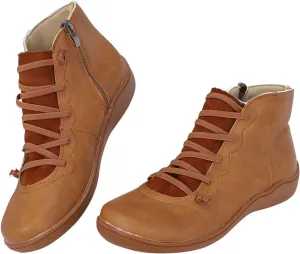 Womenyiaor Women's Ankle Boots, Arch Support, Fashion Lace Up & Side Zipper, Vintage Retro Ankle Booties, Comfortable Slip On, Flat Low Heel Boots, Fall Boots, Grey