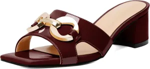 Zamikoo Women's Block Heels Mules, Square Open Toe Block Heels Sandals, Slip On Chunky Low Heeled Slippers with Metal Buckle, Wedding Dress Pump Shoes 2 Inches