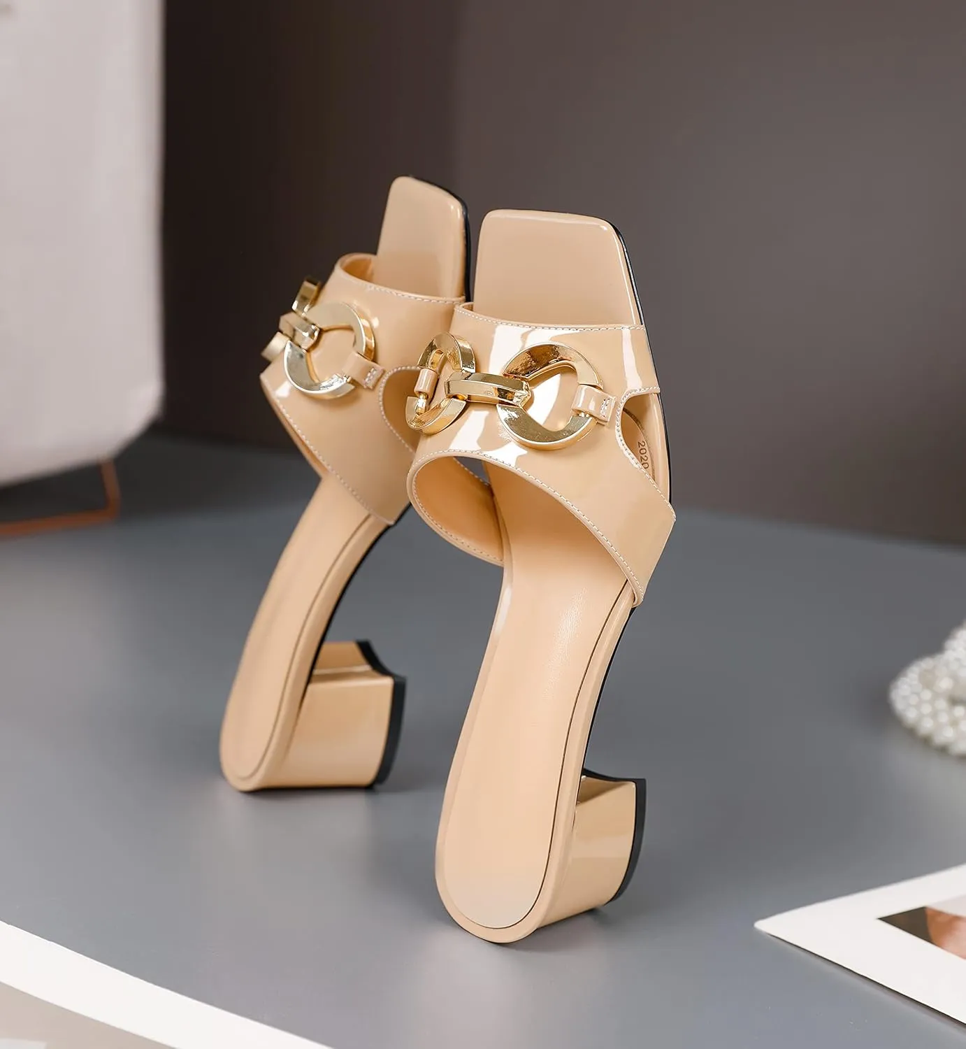 Zamikoo Women's Block Heels Mules, Square Open Toe Block Heels Sandals, Slip On Chunky Low Heeled Slippers with Metal Buckle, Wedding Dress Pump Shoes 2 Inches