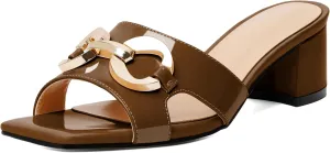 Zamikoo Women's Block Heels Mules, Square Open Toe Block Heels Sandals, Slip On Chunky Low Heeled Slippers with Metal Buckle, Wedding Dress Pump Shoes 2 Inches