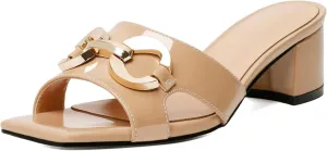Zamikoo Women's Block Heels Mules, Square Open Toe Block Heels Sandals, Slip On Chunky Low Heeled Slippers with Metal Buckle, Wedding Dress Pump Shoes 2 Inches