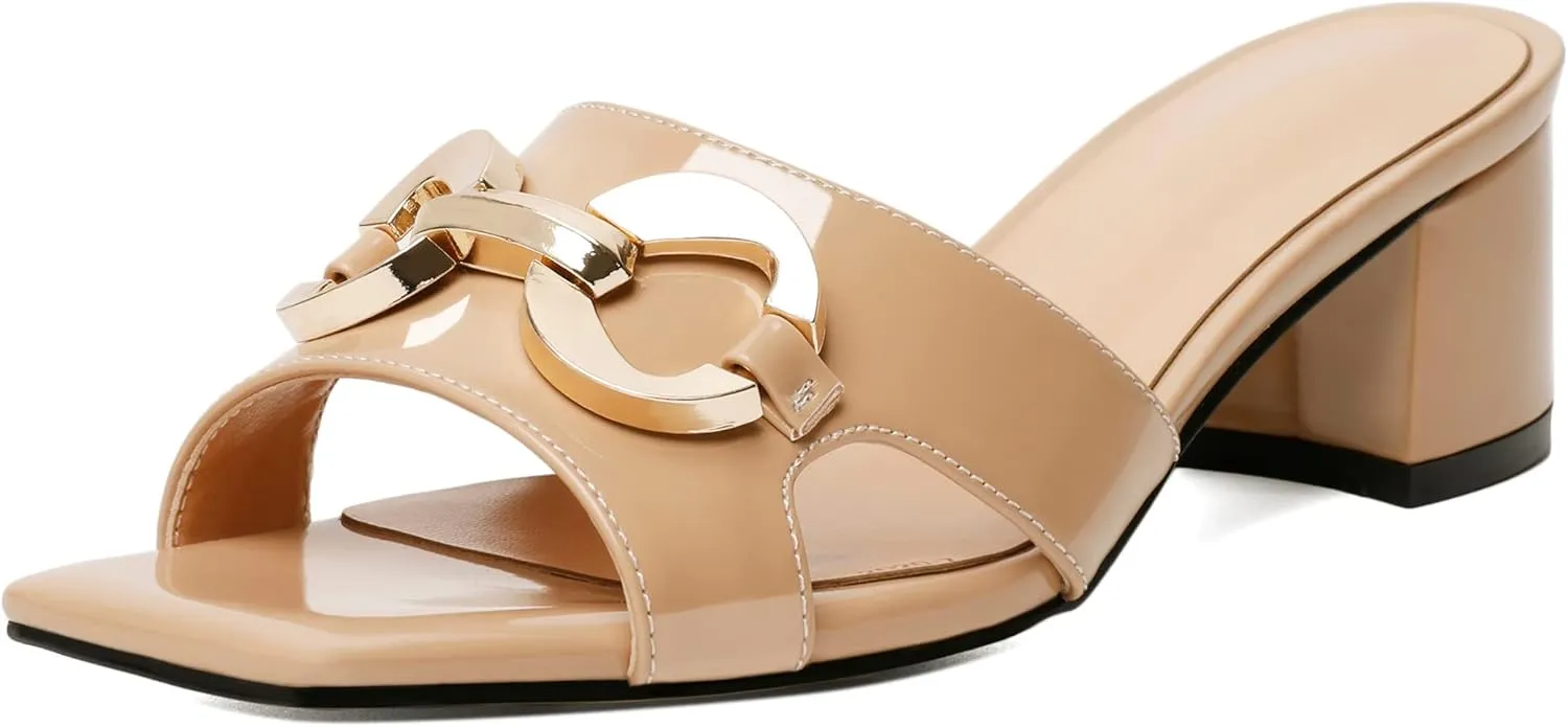 Zamikoo Women's Block Heels Mules, Square Open Toe Block Heels Sandals, Slip On Chunky Low Heeled Slippers with Metal Buckle, Wedding Dress Pump Shoes 2 Inches