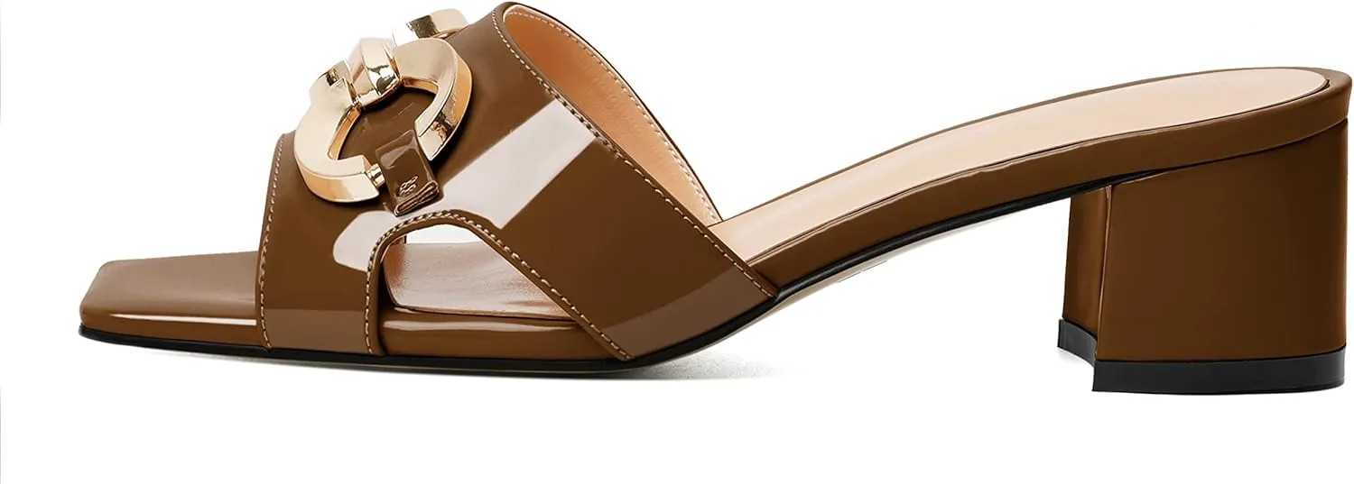 Zamikoo Women's Block Heels Mules, Square Open Toe Block Heels Sandals, Slip On Chunky Low Heeled Slippers with Metal Buckle, Wedding Dress Pump Shoes 2 Inches